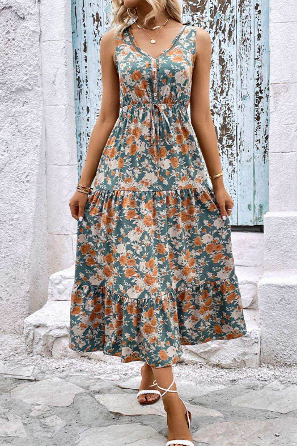 Floral V-Neck Tiered Sleeveless Dress - Trendsi - Flyclothing LLC