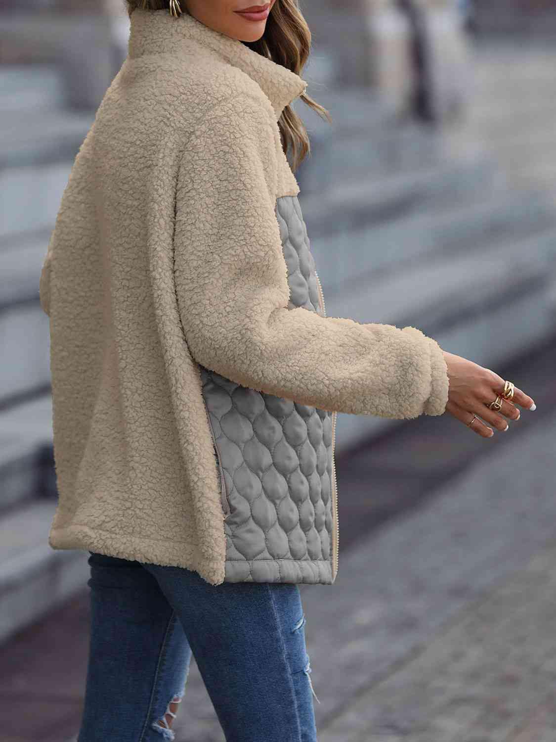 Leopard Color Block Zip-Up Jacket - Trendsi