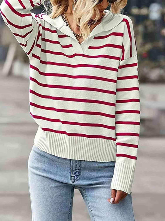 Striped Collared Neck Knit Top - Trendsi - Flyclothing LLC