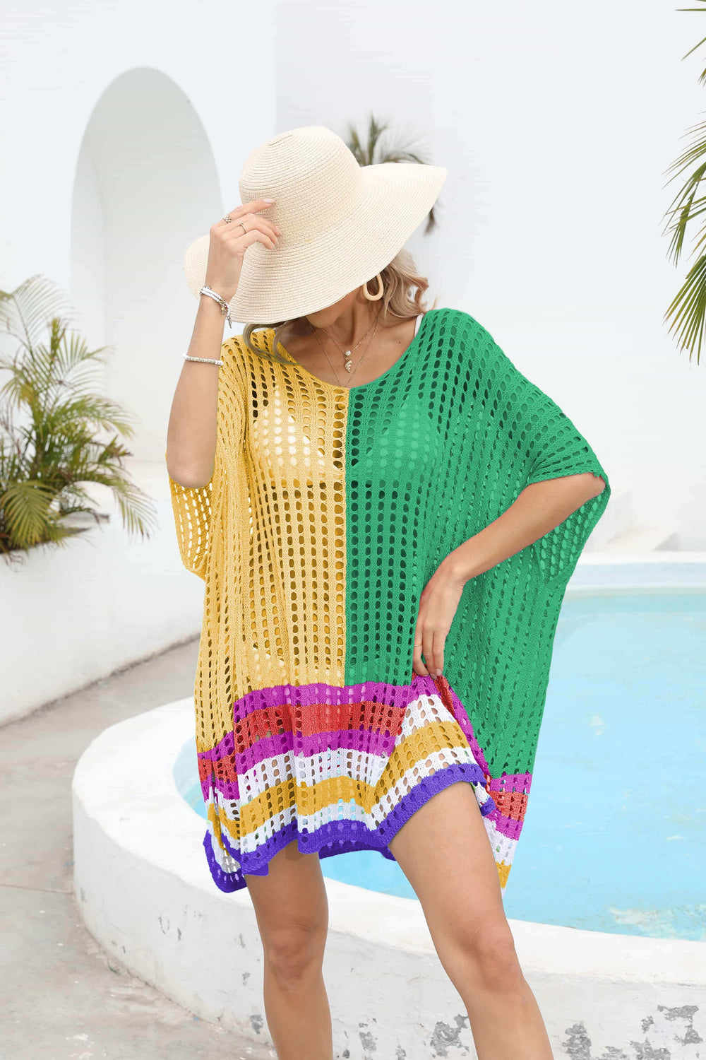 Contrast Scoop Neck Openwork Half Sleeve Cover Up - Trendsi - Flyclothing LLC
