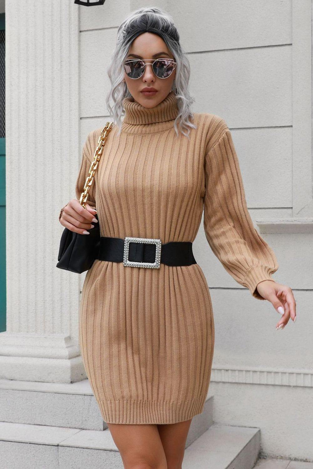 Ribbed Turtle Neck Long Sleeve Mini Sweater Dress - Trendsi