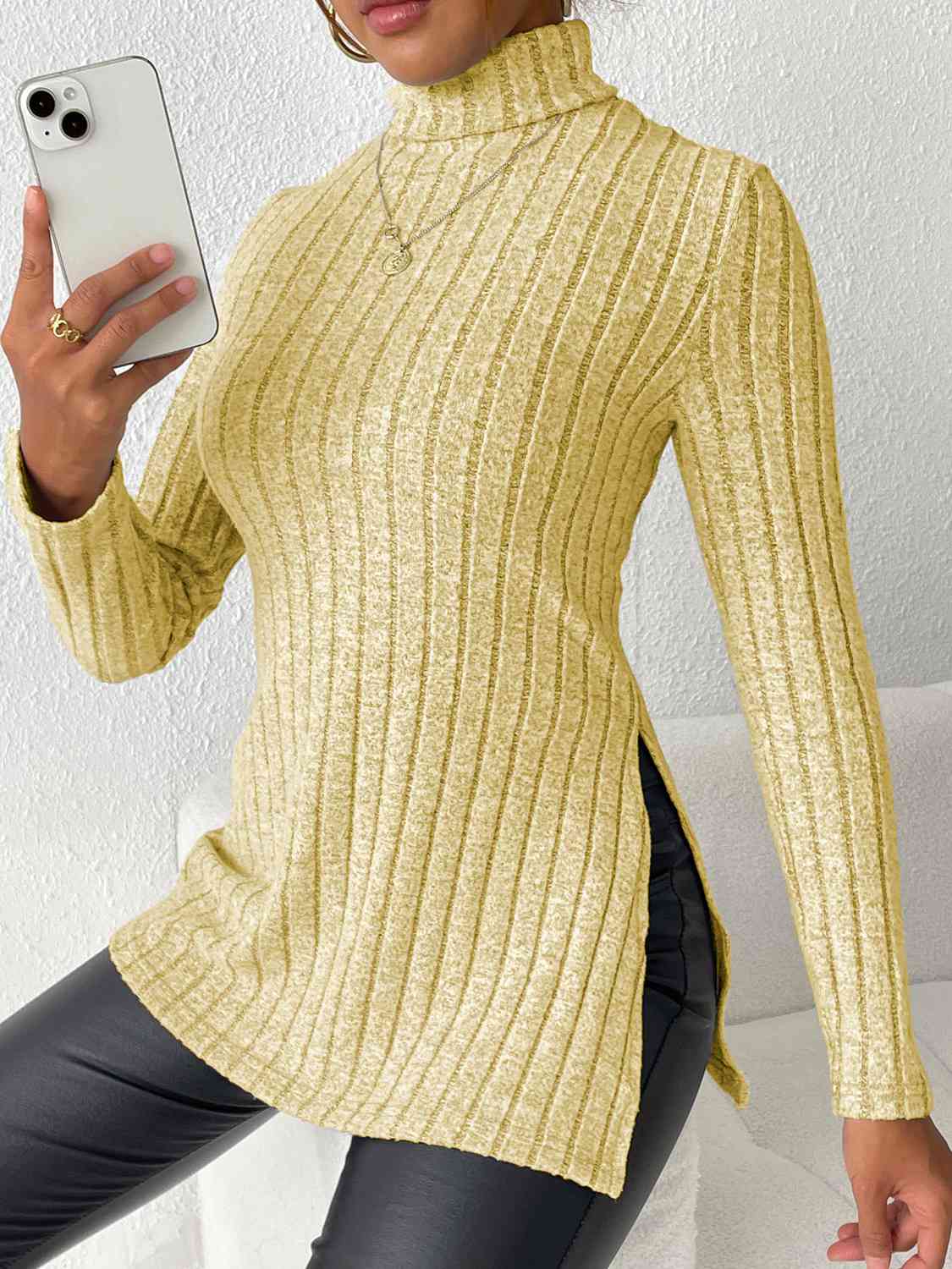 Ribbed Turtleneck Long Sleeve Slit T-Shirt - Trendsi - Flyclothing LLC
