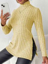 Ribbed Turtleneck Long Sleeve Slit T-Shirt - Trendsi - Flyclothing LLC