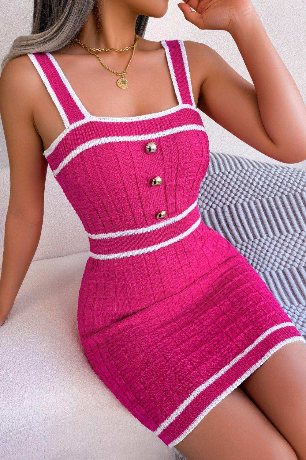 Contrast Trim Decorative Button Sleeveless Knit Dress - Trendsi - Flyclothing LLC