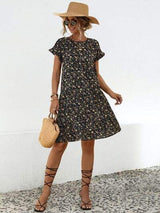 Frill Floral Round Neck Short Sleeve Tiered Dress - Trendsi - Flyclothing LLC