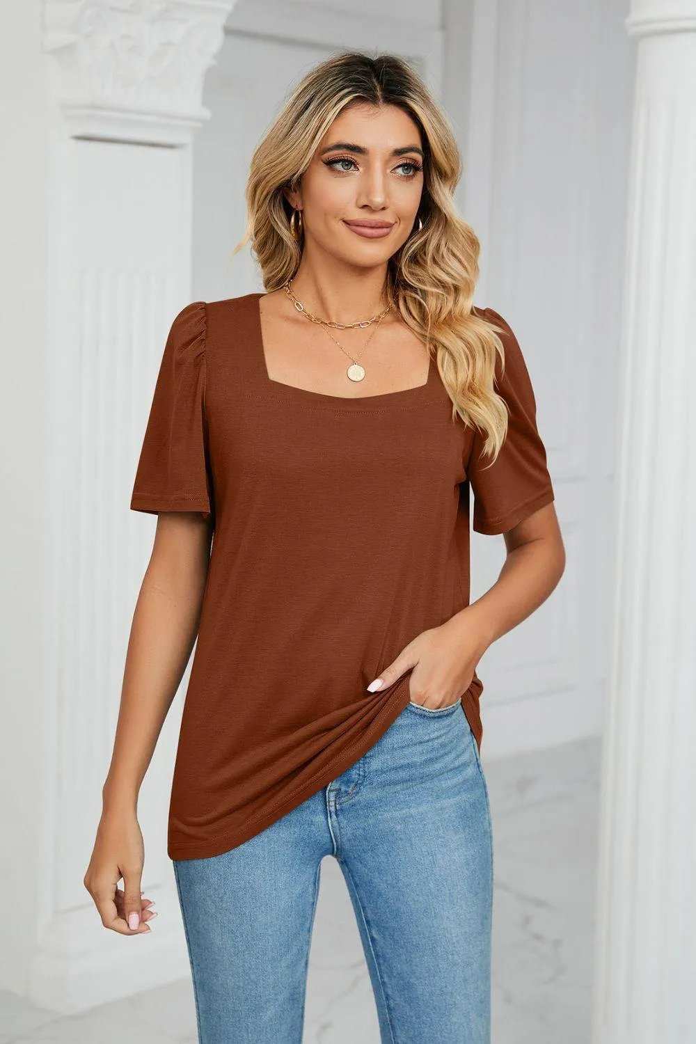 Square Neck Puff Sleeve Tee Shirt - Trendsi - Flyclothing LLC