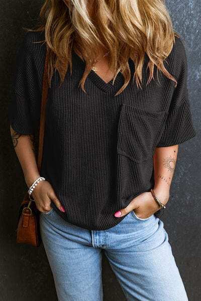 Textured V-Neck Dropped Shoulder T-Shirt - Trendsi - Flyclothing LLC