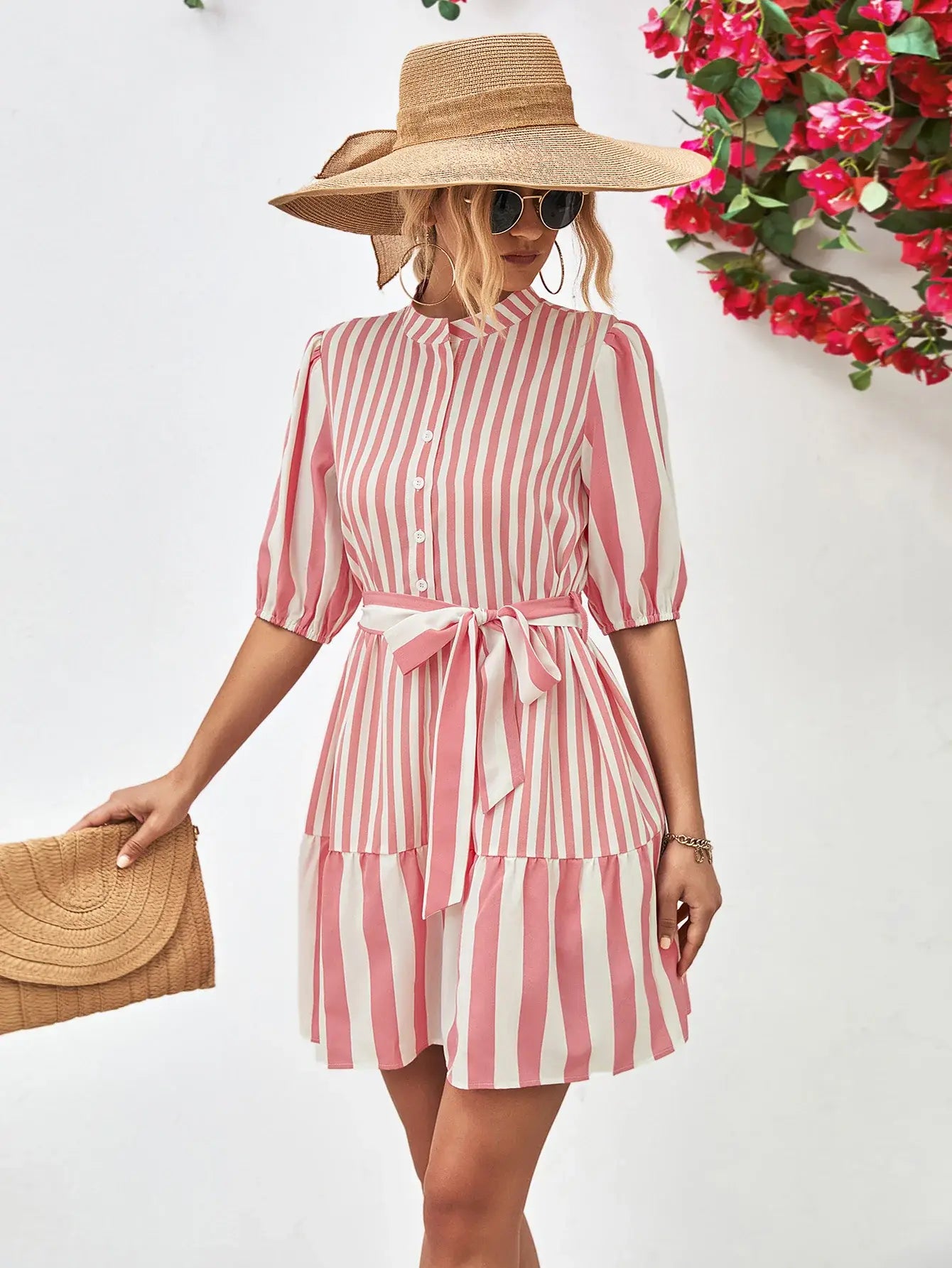 Striped Half Sleeve Tie Waist Mini Dress - Trendsi - Flyclothing LLC