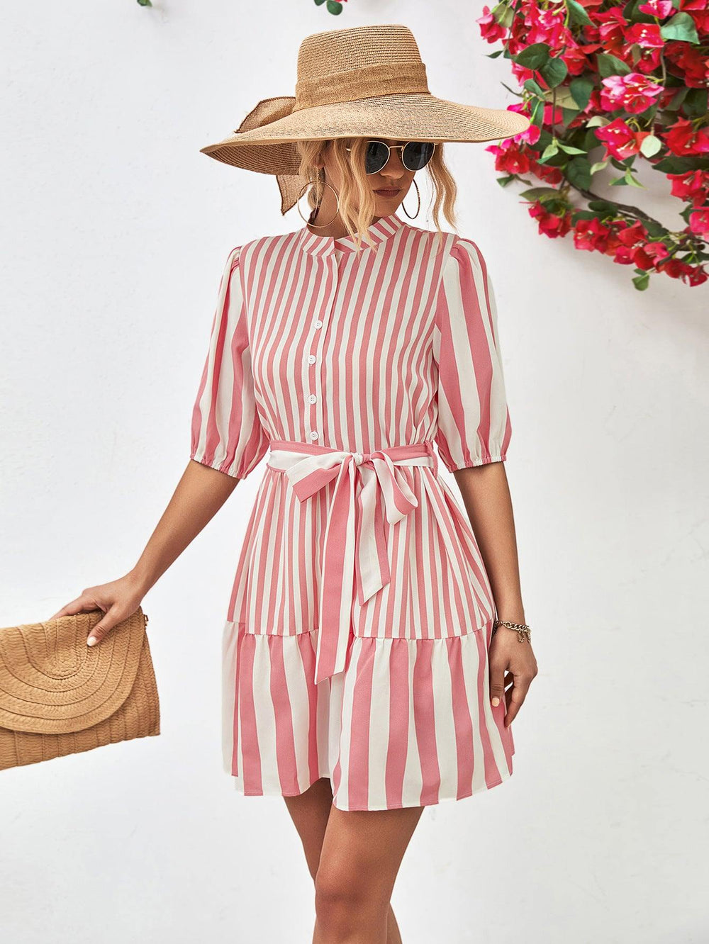 Striped Half Sleeve Tie Waist Mini Dress - Trendsi