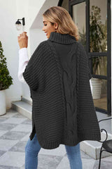 Cable-Knit Turtleneck Slit Sweater - Trendsi - Flyclothing LLC