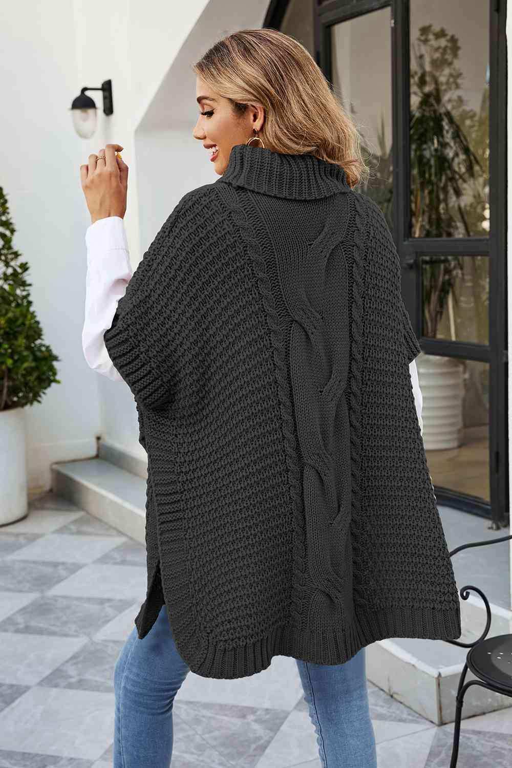 Cable-Knit Turtleneck Slit Sweater - Trendsi - Flyclothing LLC