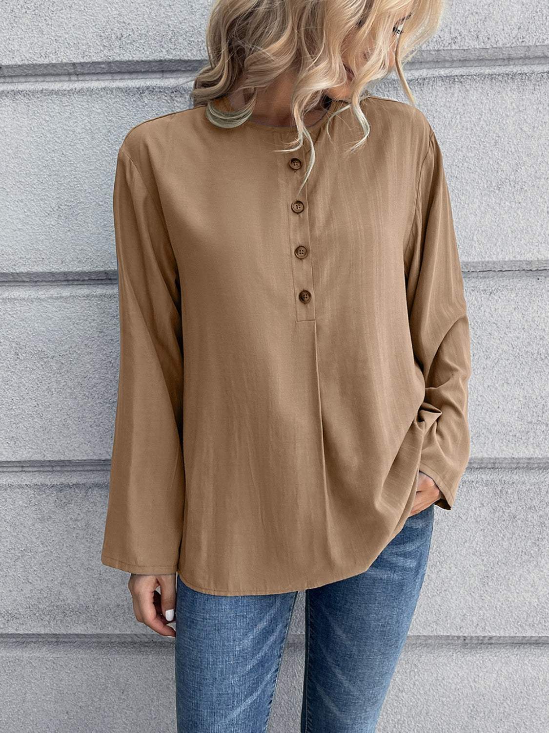 Half Button Long Sleeve Blouse - Trendsi - Flyclothing LLC