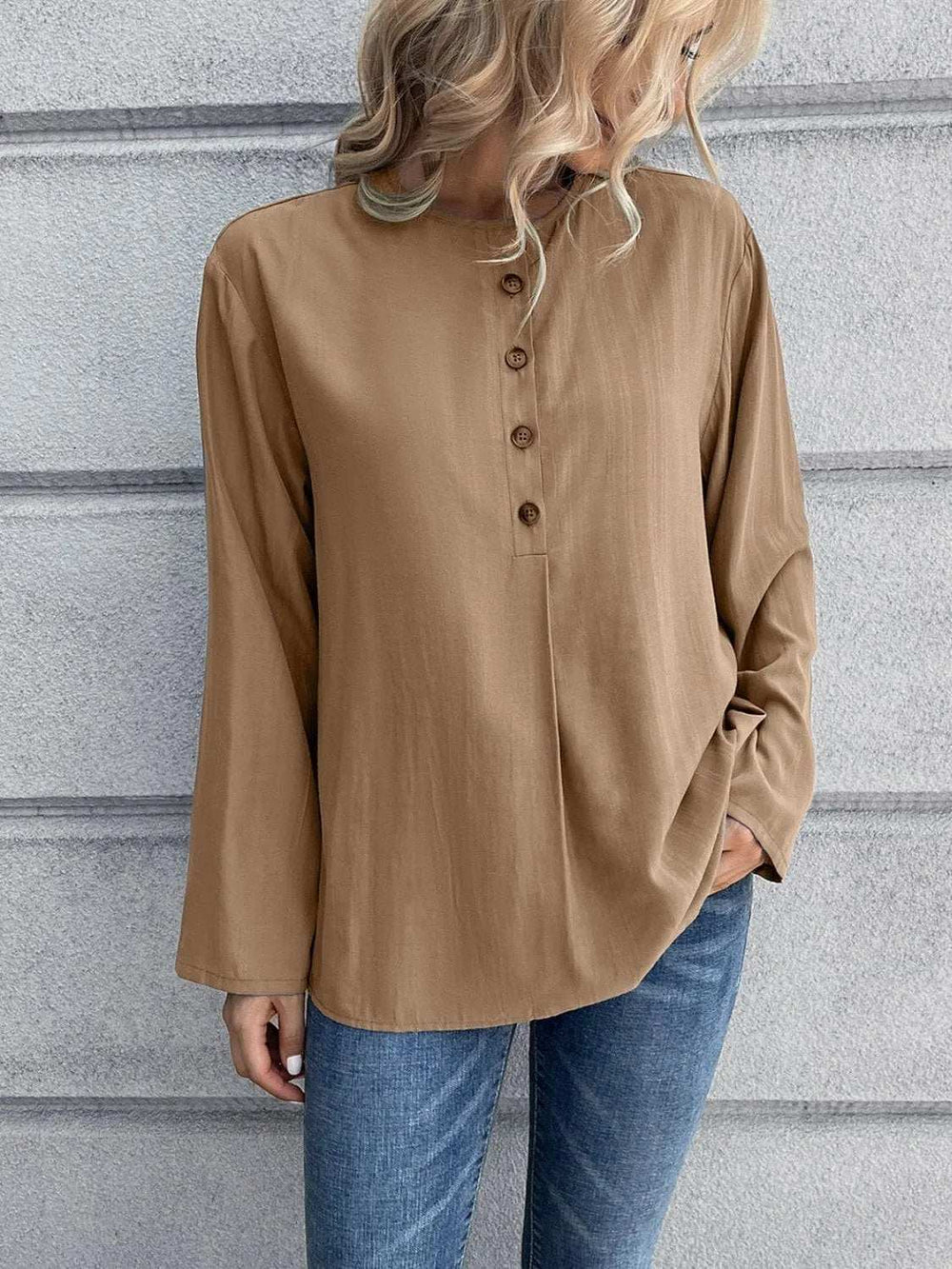 Half Button Long Sleeve Blouse - Trendsi - Flyclothing LLC