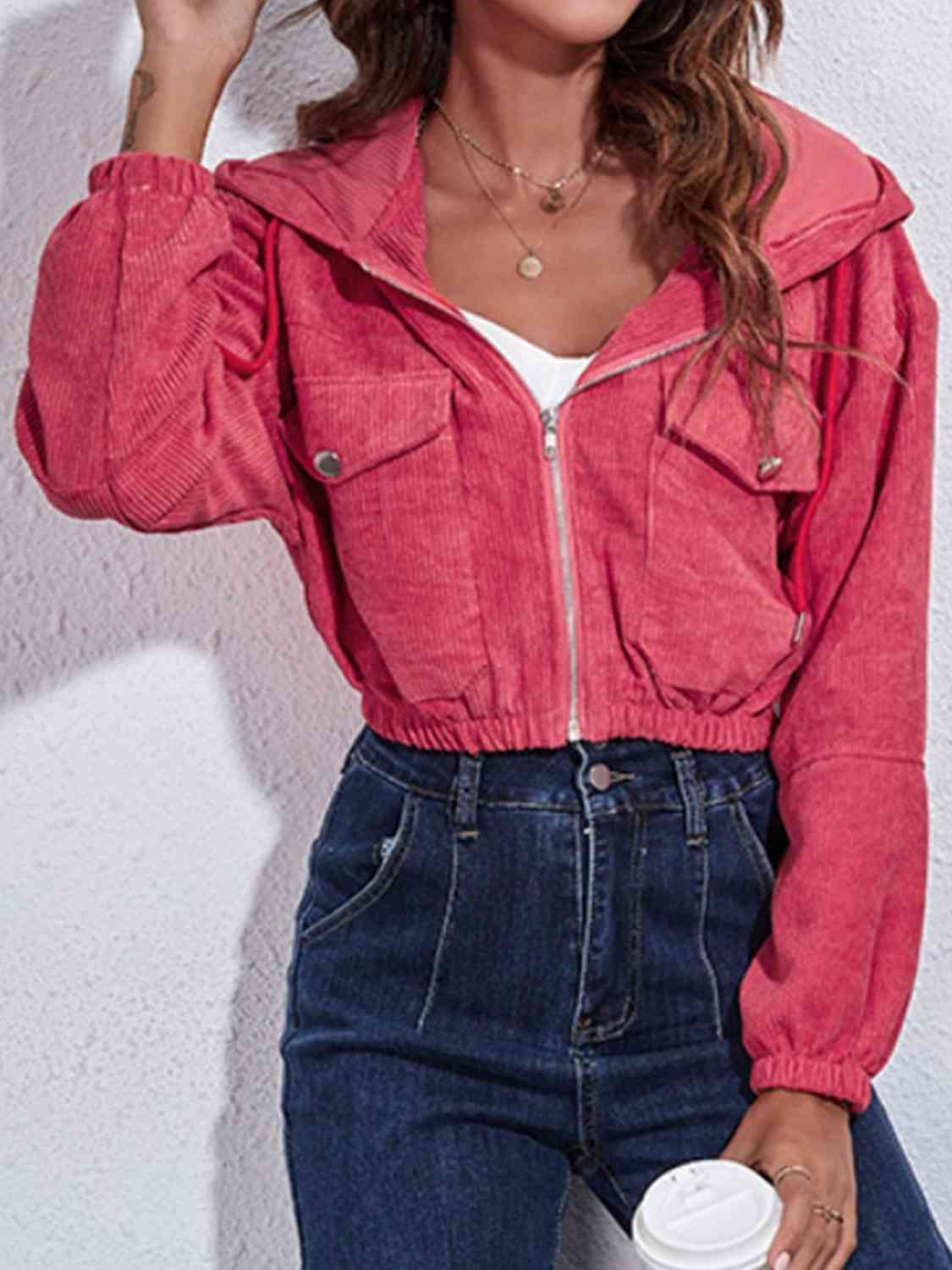 Drawstring Hooded Zip Up Jacket with Pockets - Trendsi - Flyclothing LLC