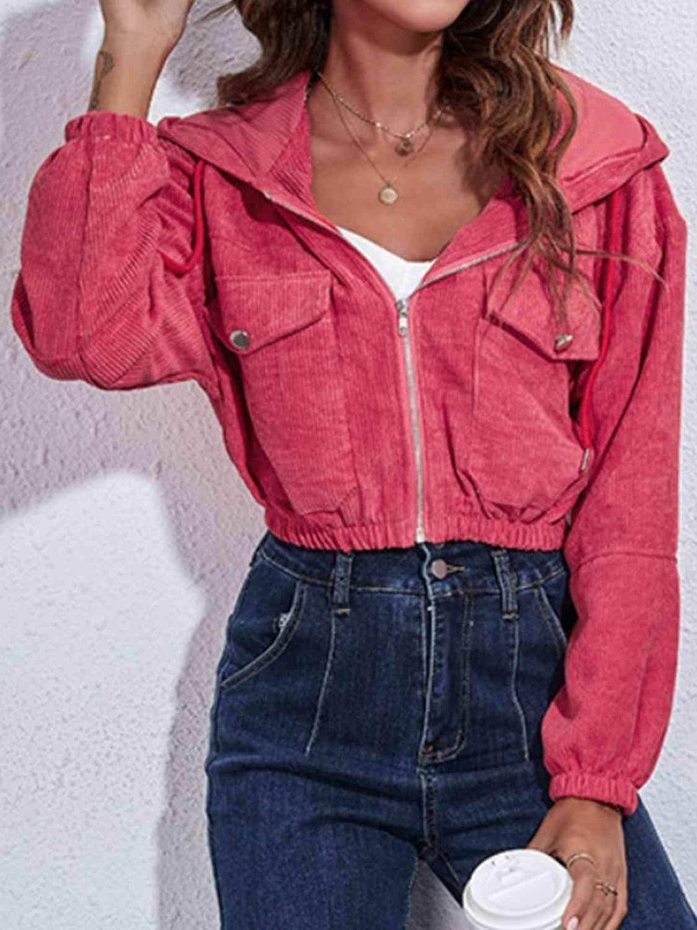 Drawstring Hooded Zip Up Jacket with Pockets - Trendsi - Flyclothing LLC