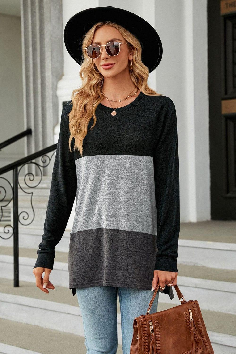 Color Block Round Neck Long Sleeve Slit T-Shirt - Trendsi