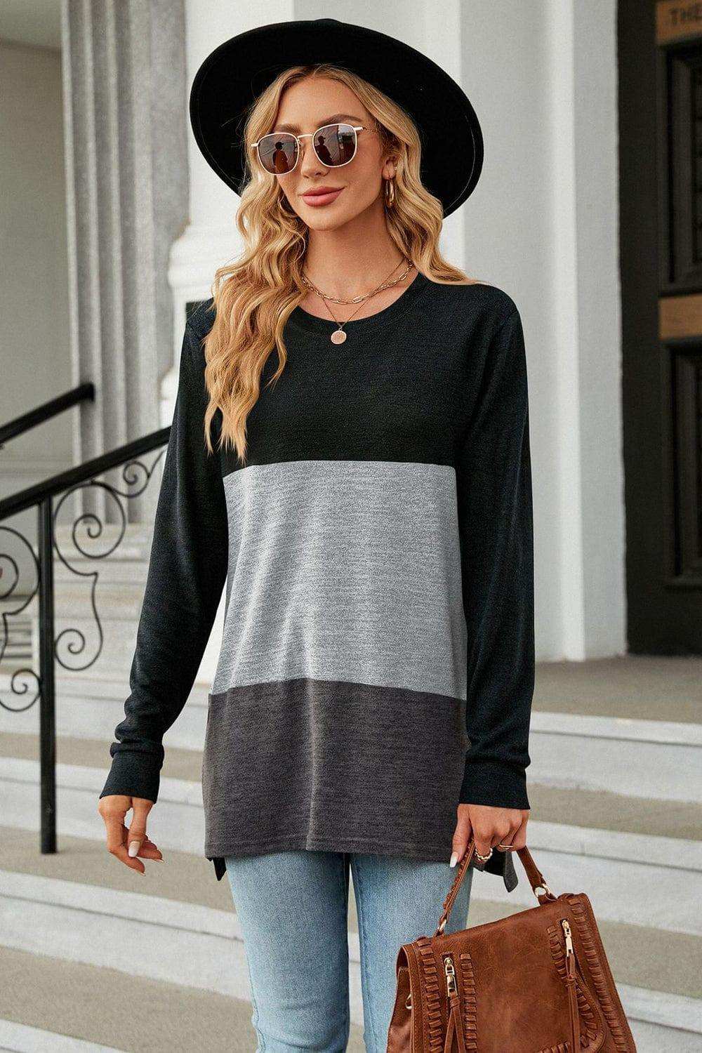Color Block Round Neck Long Sleeve Slit T-Shirt - Trendsi - Flyclothing LLC