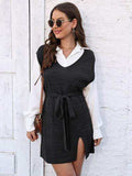 Tie Front V-Neck Sleeveless Slit Sweater Dress - Trendsi - Flyclothing LLC