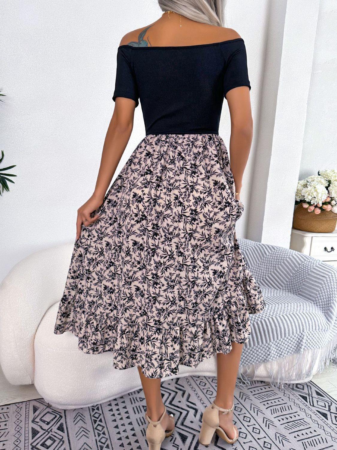 Printed Off-Shoulder Ruffle Hem Dress - Trendsi