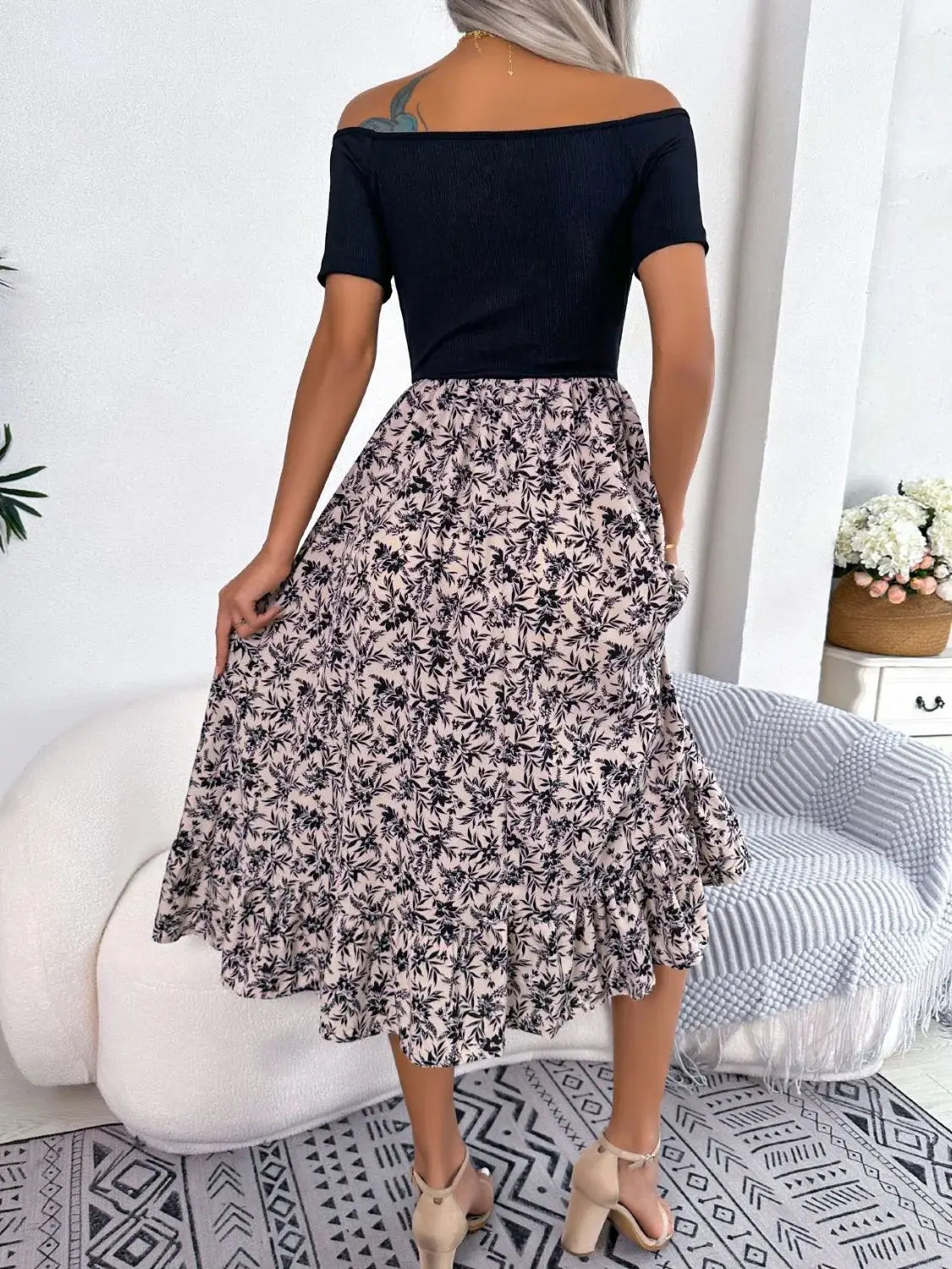 Printed Off-Shoulder Ruffle Hem Dress - Trendsi - Flyclothing LLC