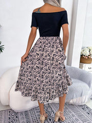 Printed Off-Shoulder Ruffle Hem Dress - Trendsi