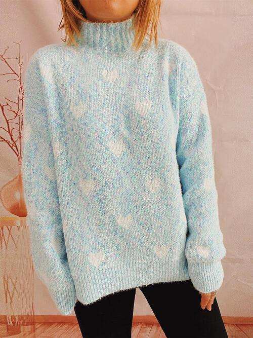 Heart Heathered Turtleneck Drop Shoulder Sweater - Trendsi - Flyclothing LLC