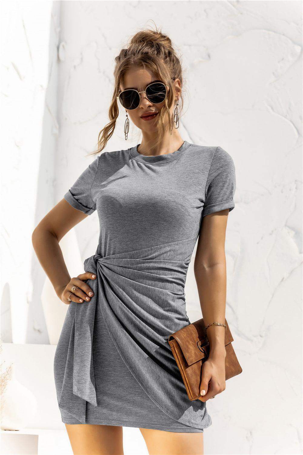 Round Neck Cuffed Sleeve Side Tie Dress - Trendsi - Flyclothing LLC