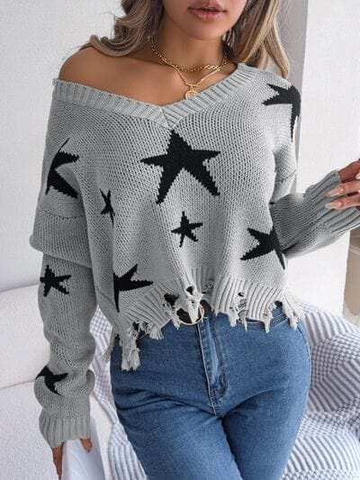 Star Pattern Distressed V-Neck Cropped Sweater - Trendsi - Flyclothing LLC