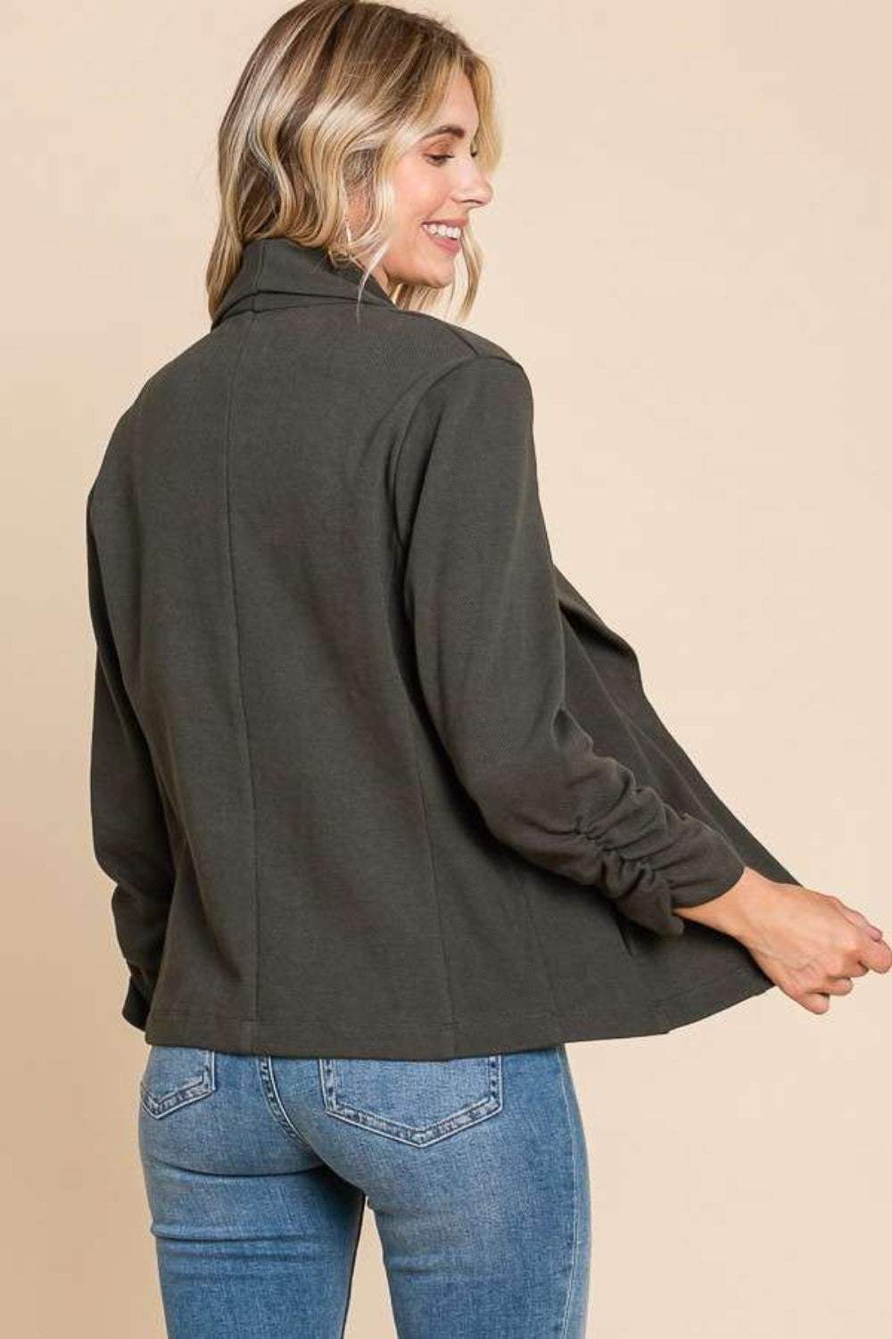 Culture Code Full Size Ruched Open Front Long Sleeve Jacket - Trendsi - Flyclothing LLC