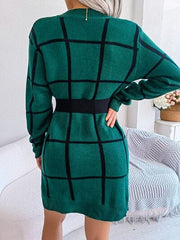 Plaid Round Neck Dropped Shoulder Sweater Dress - Trendsi