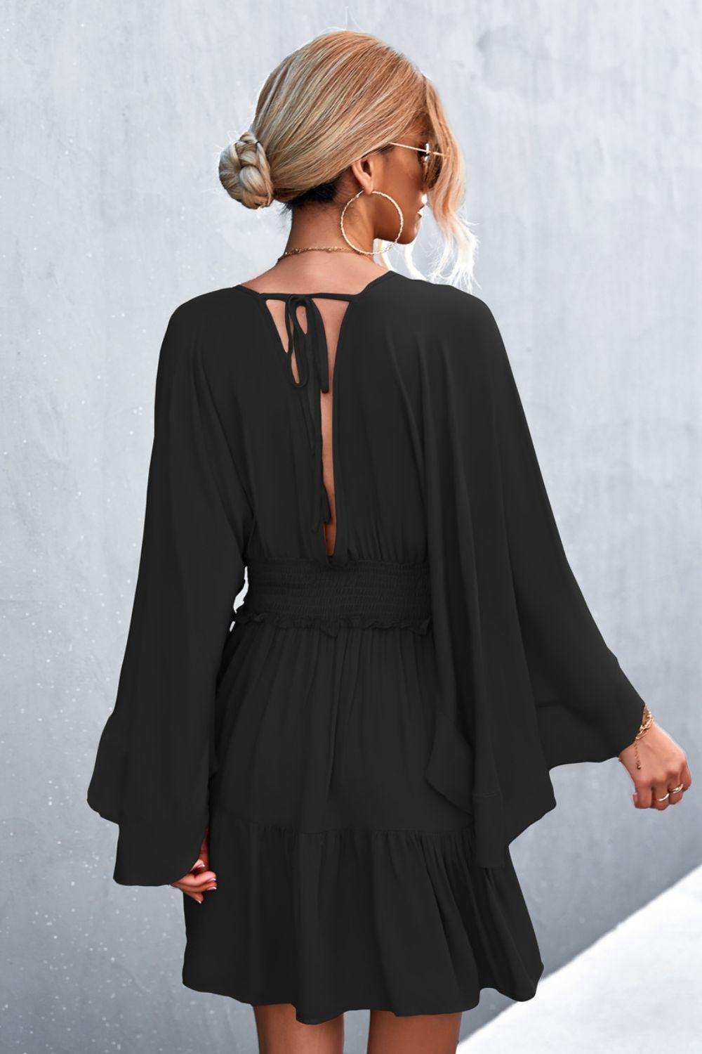 Decorative Button Smocked Waist Surplice Dress - Trendsi - Flyclothing LLC