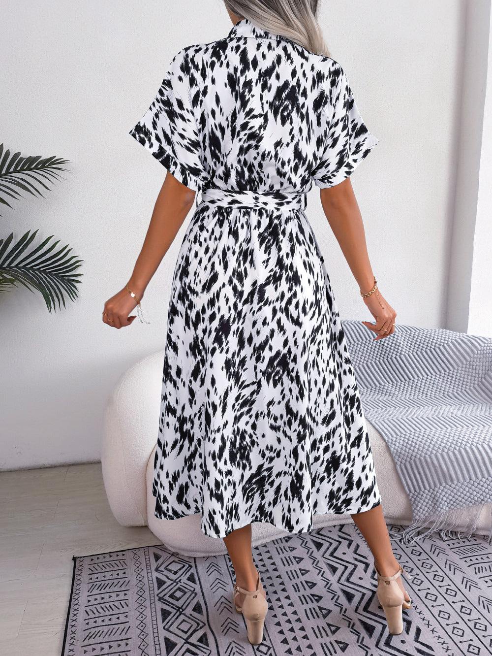 Printed Collared Neck Short Sleeve Tie Waist Dress - Trendsi