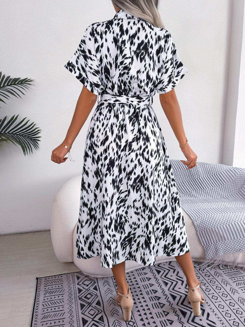 Printed Collared Neck Short Sleeve Tie Waist Dress - Trendsi - Flyclothing LLC