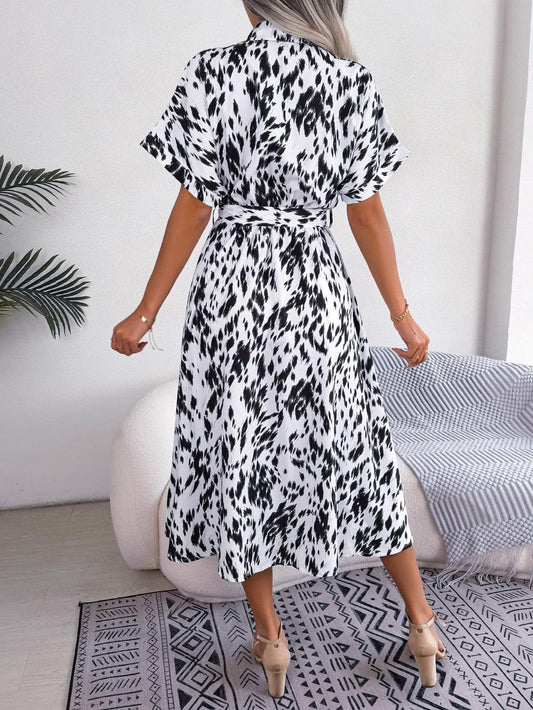 Printed Collared Neck Short Sleeve Tie Waist Dress - Trendsi
