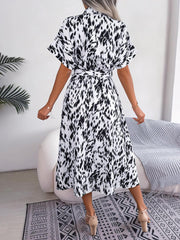 Printed Collared Neck Short Sleeve Tie Waist Dress - Trendsi