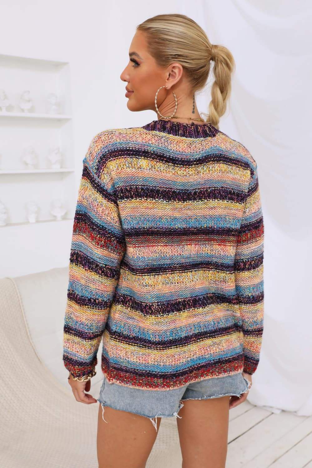 Striped Long Sleeve Open Front Cardigan - Trendsi - Flyclothing LLC