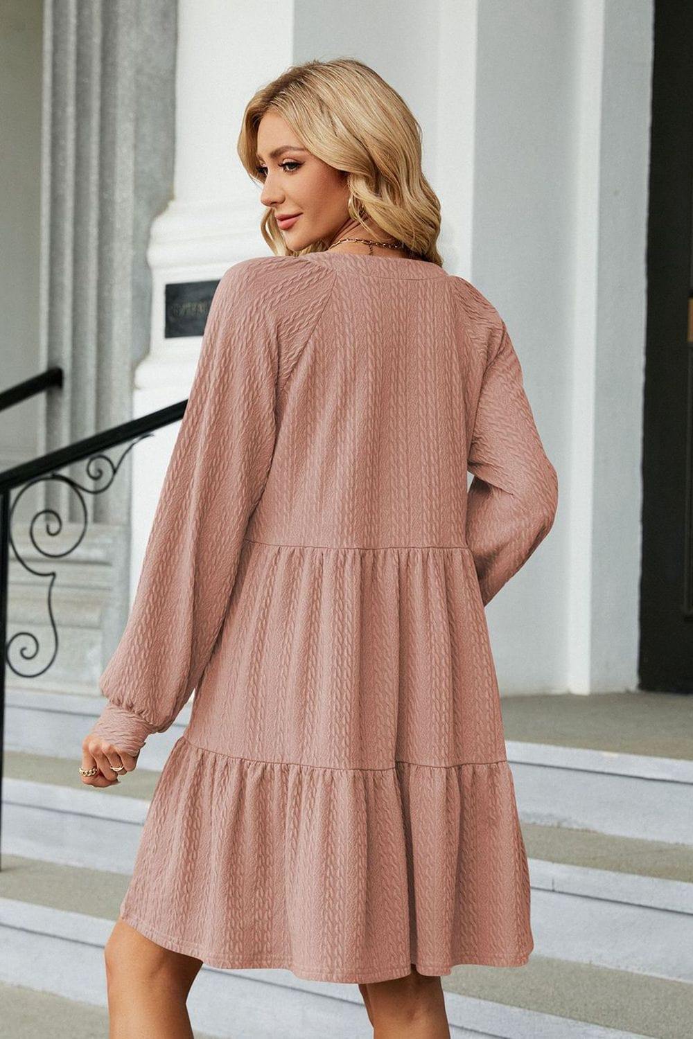 Notched Neck Long Sleeve Mini Dress - Trendsi