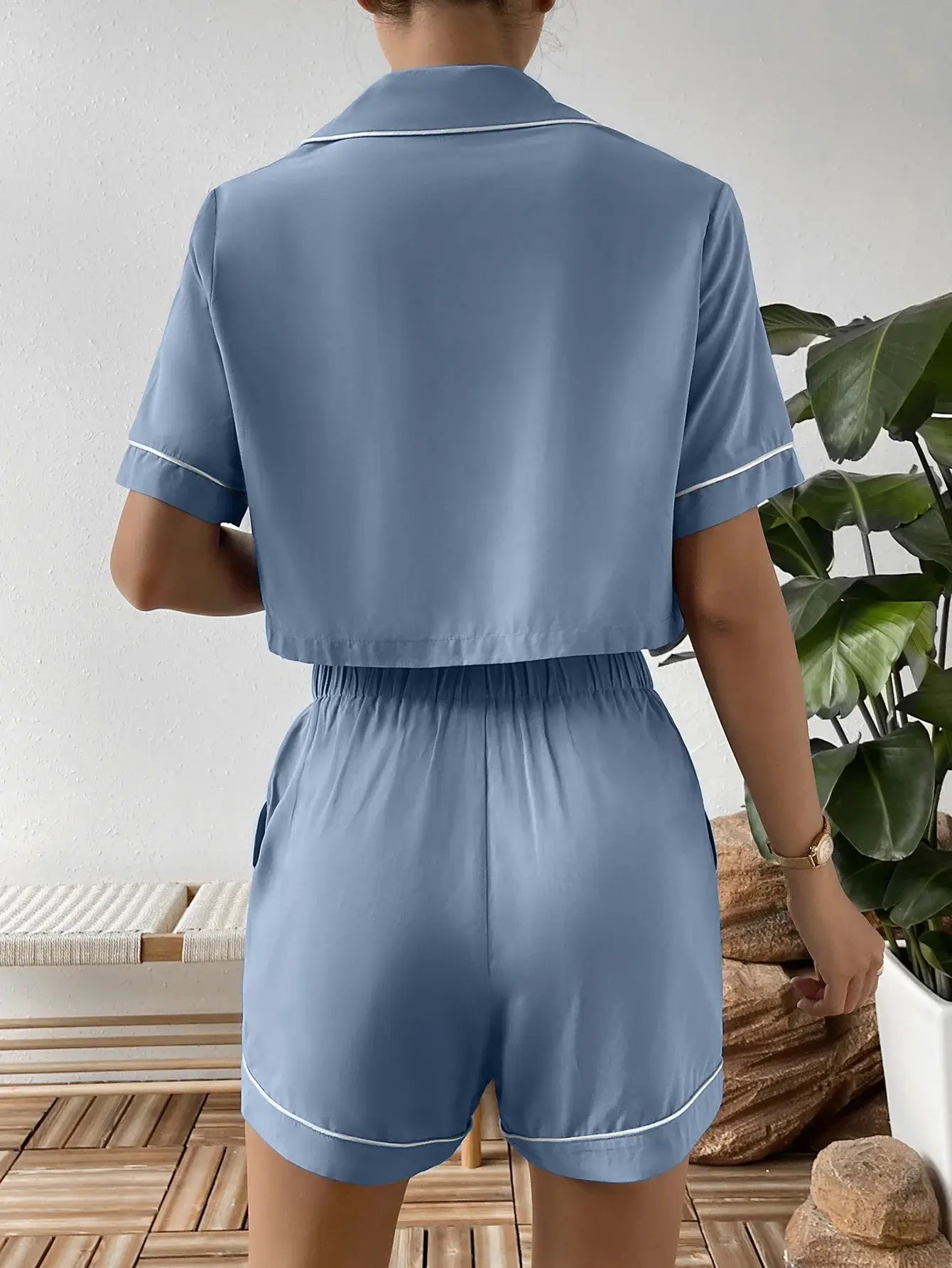 Contrast Lapel Collar Cropped Shirt and Shorts Lounge Set - Trendsi - Flyclothing LLC