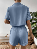 Contrast Lapel Collar Cropped Shirt and Shorts Lounge Set - Trendsi - Flyclothing LLC
