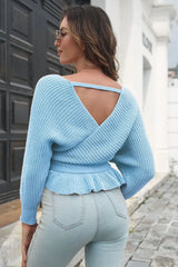 Tie Waist Ruffle Hem Sweater - Trendsi - Flyclothing LLC