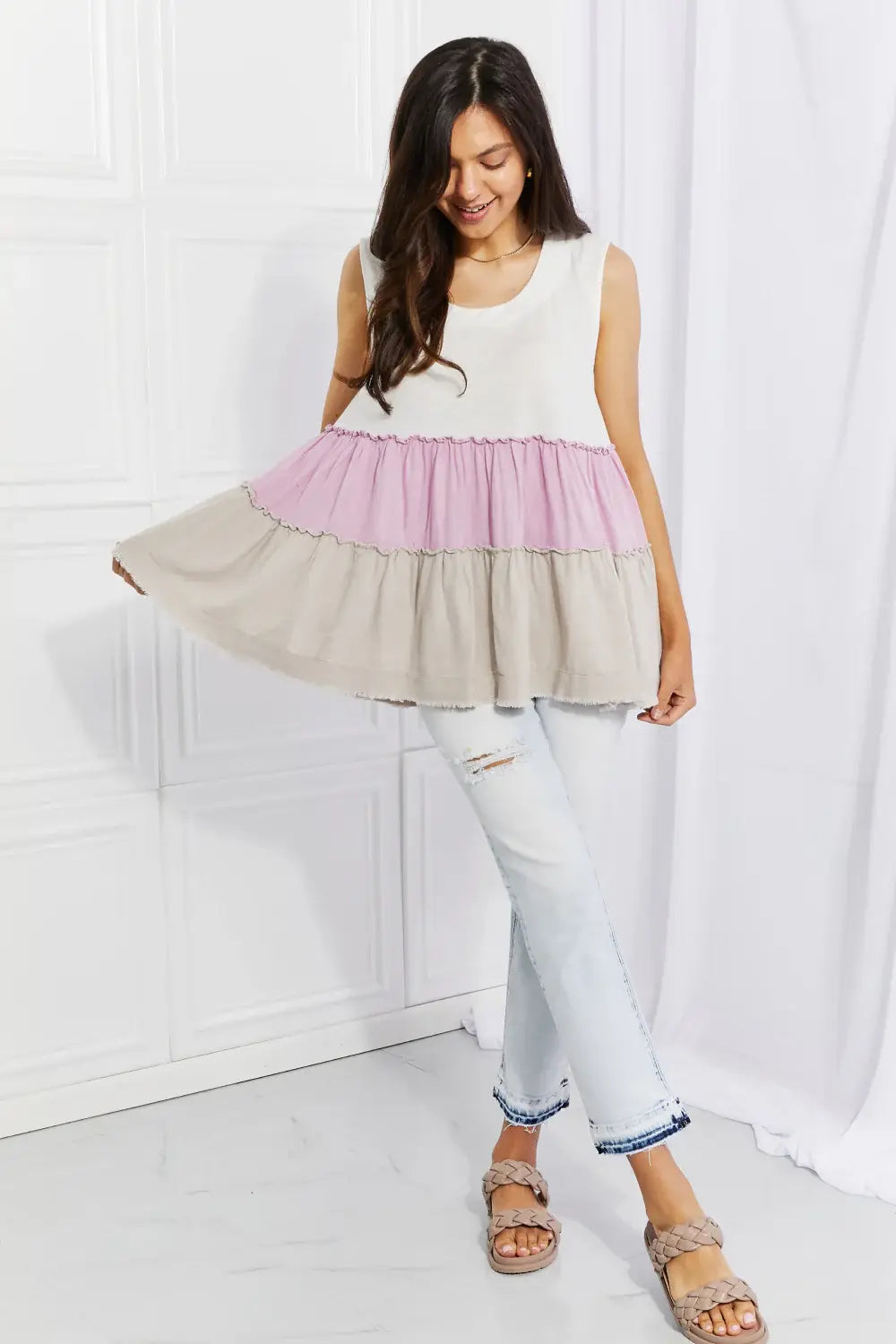 White Birch Full Size Watching the Sunset Color Block Babydoll Top - Trendsi - Flyclothing LLC