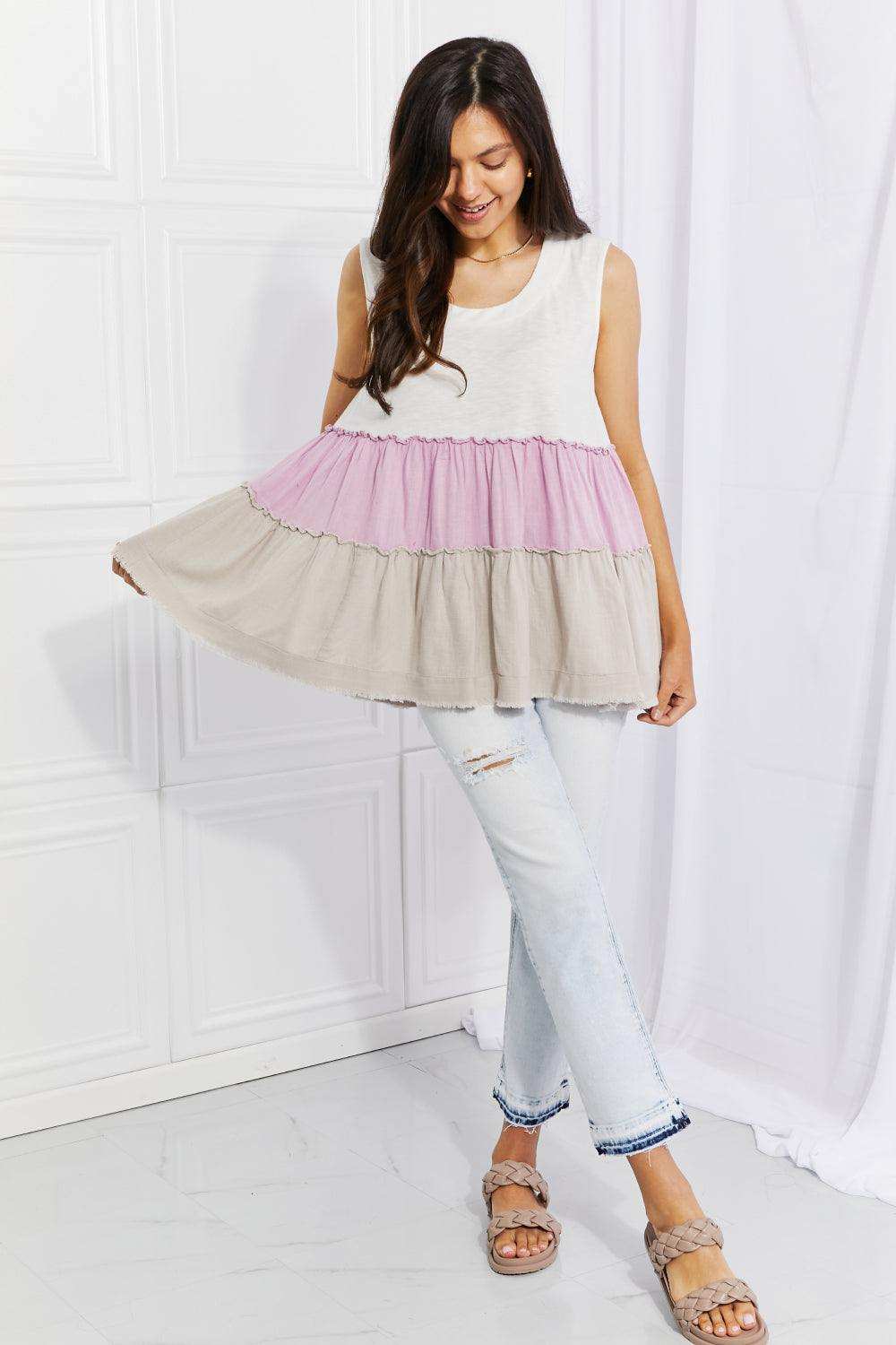 White Birch Full Size Watching the Sunset Color Block Babydoll Top - Trendsi - Flyclothing LLC