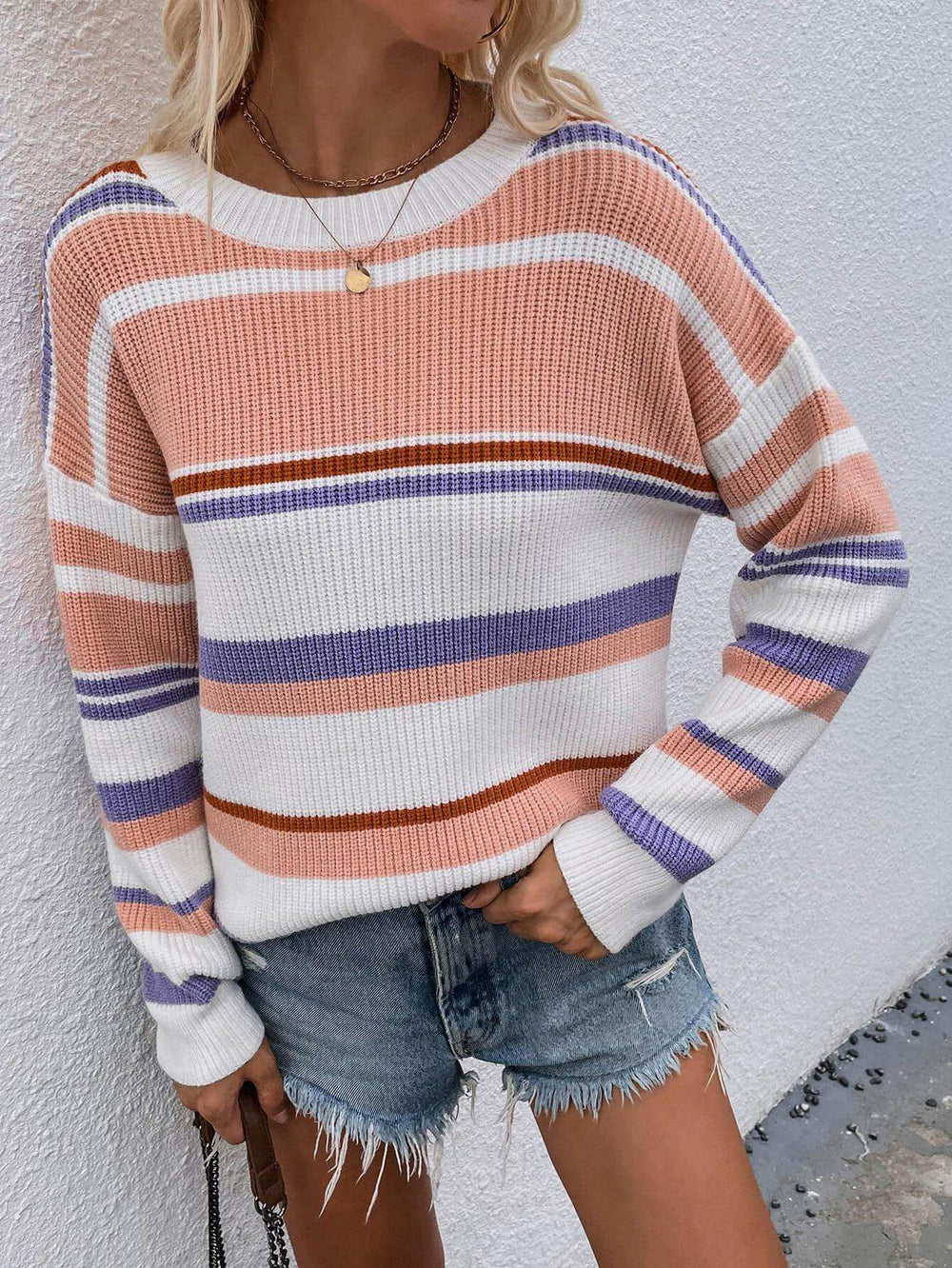 Striped Drop Shoulder Round Neck Pullover Sweater - Trendsi - Flyclothing LLC