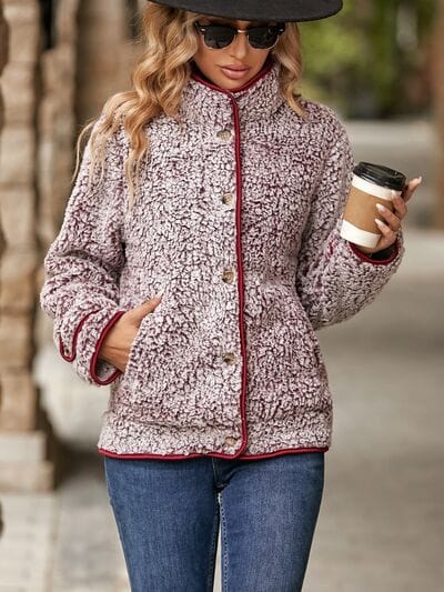 Fuzzy Pocketed Button Up Jacket - Trendsi