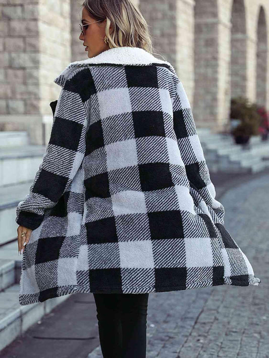 Plaid Open Front Coat with Pockets - Trendsi