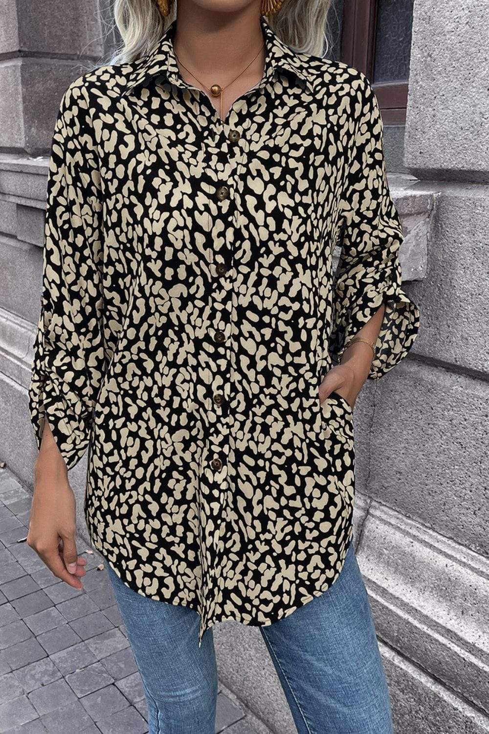 Leopard Roll-Tap Sleeve Shirt - Trendsi - Flyclothing LLC