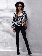 Floral V-Neck Balloon Sleeve Peplum Blouse - Trendsi