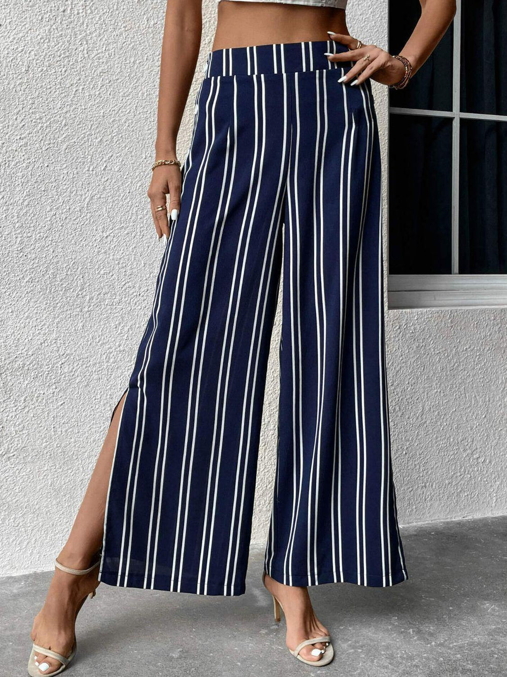 Striped Slit Wide Leg Pants - Trendsi