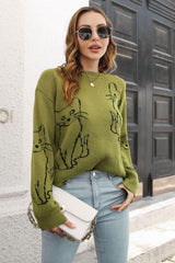 Cat Pattern Round Neck Long Sleeve Pullover Sweater - Trendsi