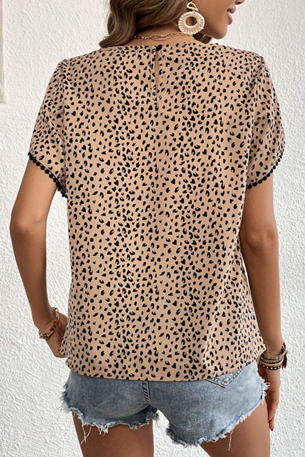 Printed Pom Pom Detail Petal Sleeve Round Neck Blouse - Trendsi - Flyclothing LLC